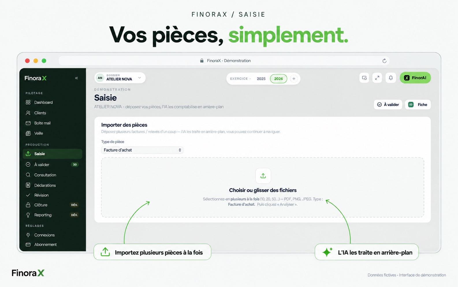 Écran Saisie de FinoraX : on dépose plusieurs factures d'un coup, l'IA les comptabilise en arrière-plan.